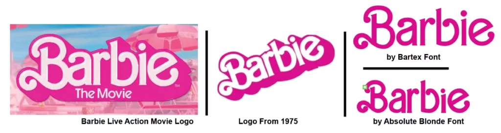 Barbie Movie logo vs 1975 Logo vs two barbie similar font
