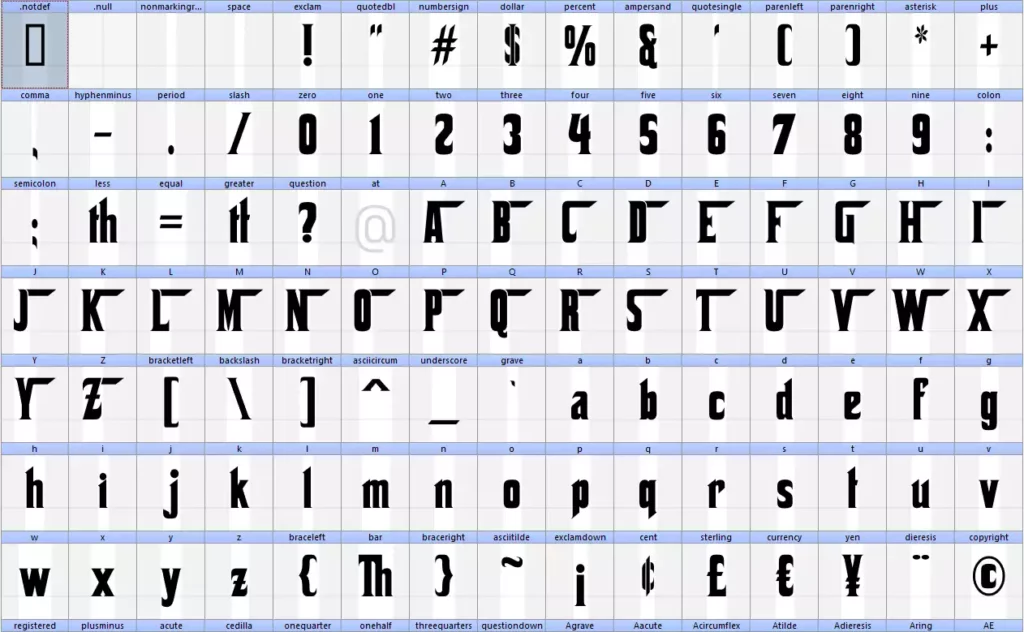 Corleone font glyphs first part