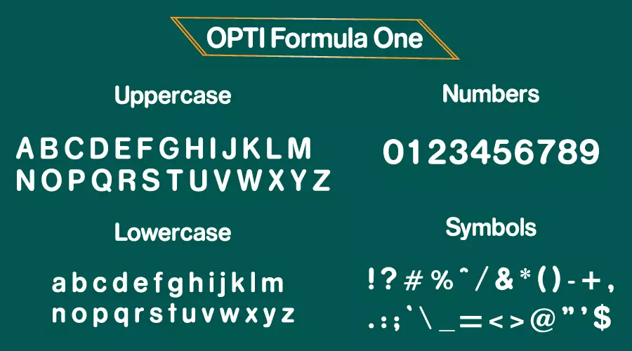 OPTI Formula One Font Character map