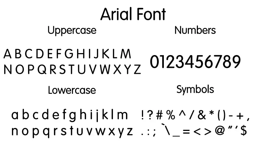Arial Font Character map