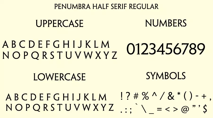 Penumbra Half Serif Regular Font Character map