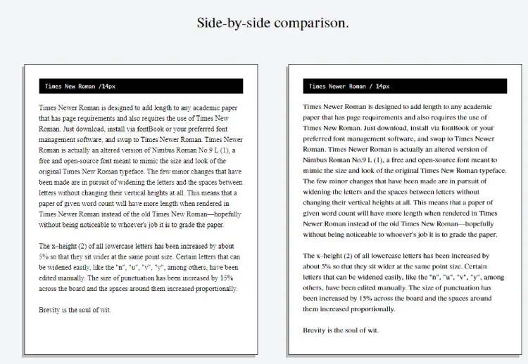 Times Newer Roman vs times new roman font side by side