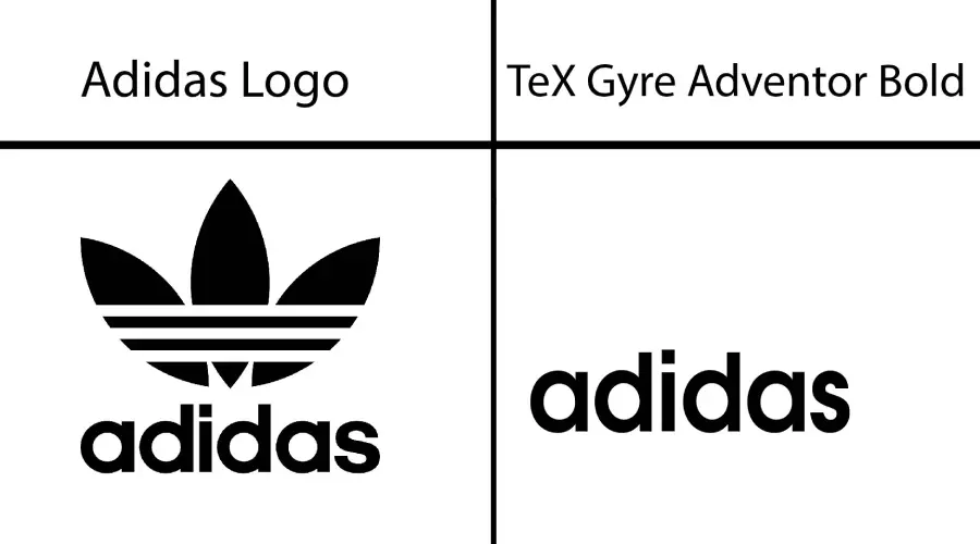 Adidas logo vs TeX Gyre Adventor Bold font similarity example