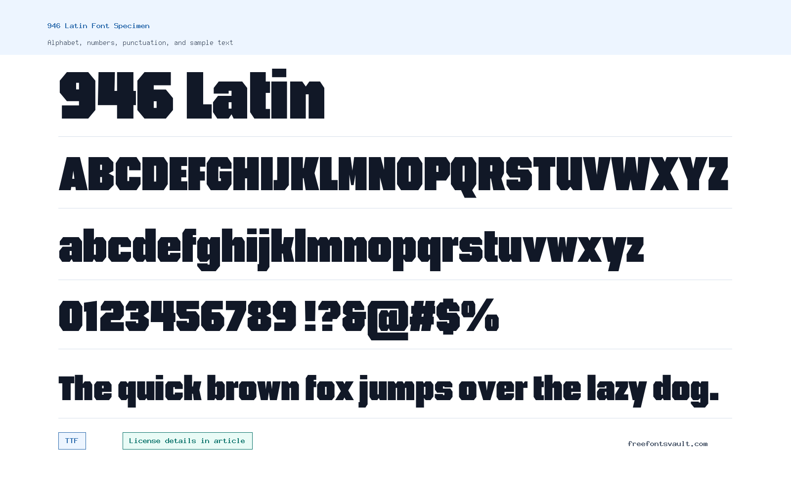 946 Latin font specimen showing alphabet, numbers, and sample text