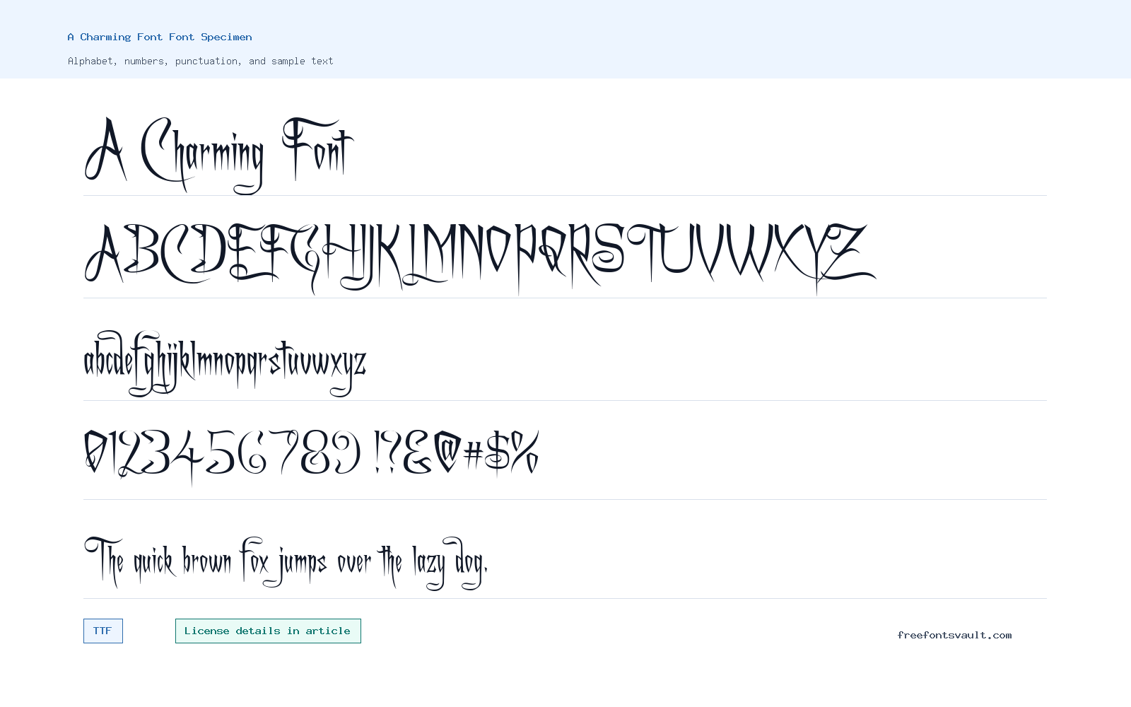 A Charming Font font specimen showing alphabet, numbers, and sample text