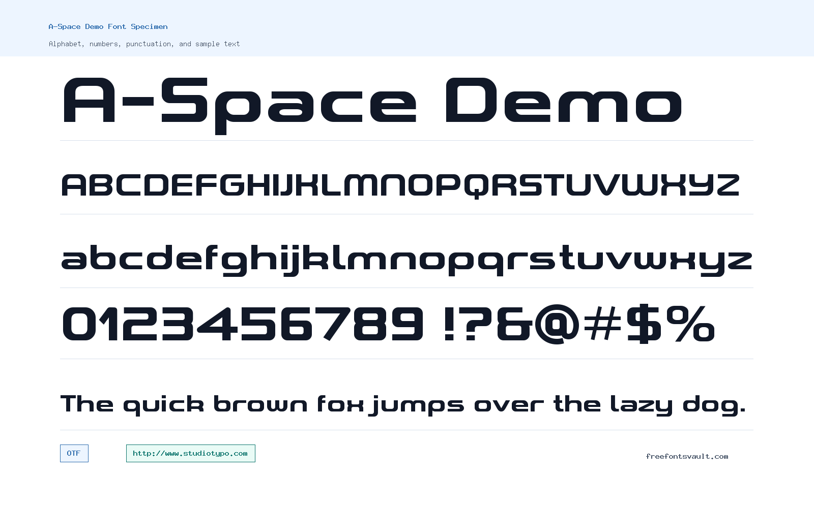 A-Space Demo font specimen showing alphabet, numbers, and sample text