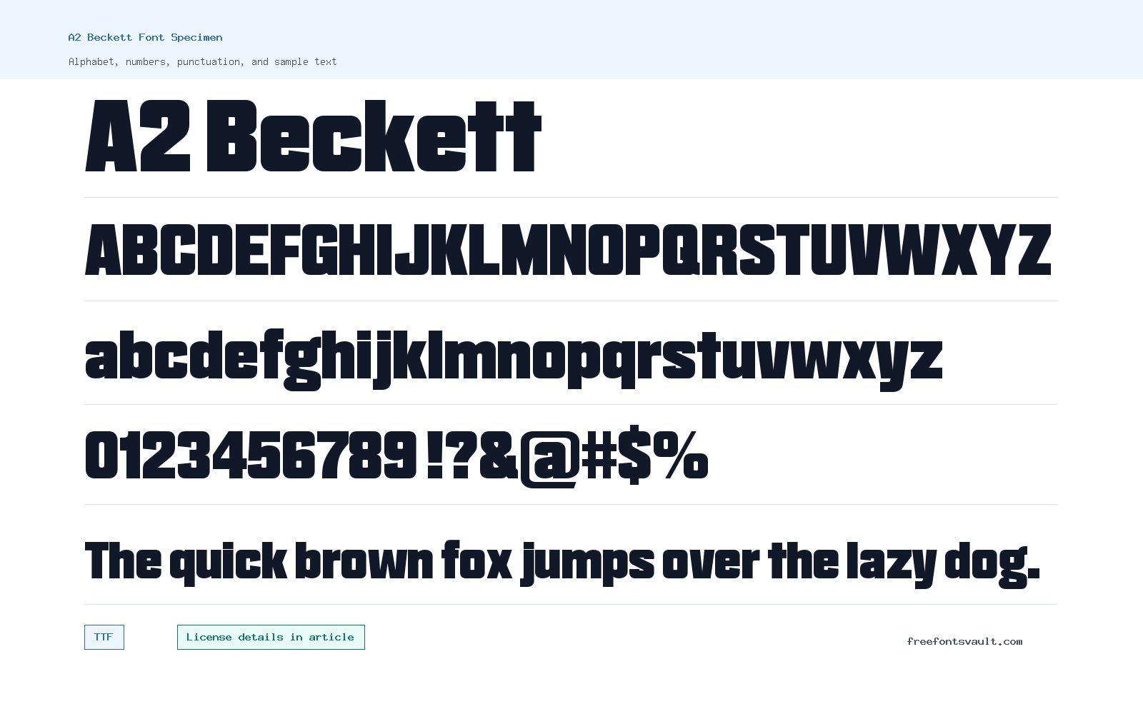 A2 Beckett font specimen showing alphabet, numbers, and sample text