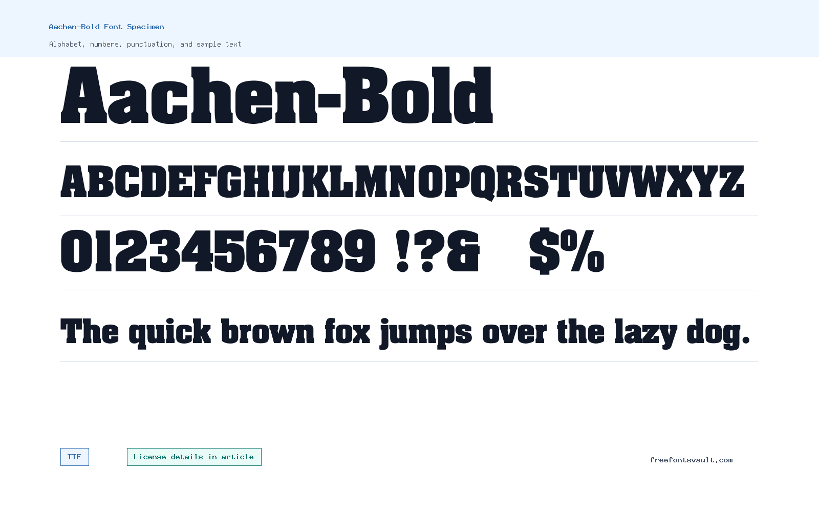Aachen-Bold font specimen showing alphabet, numbers, and sample text