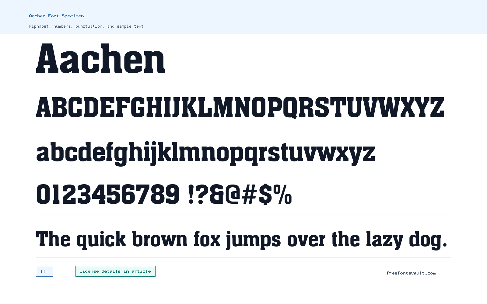 Aachen font specimen showing alphabet, numbers, and sample text