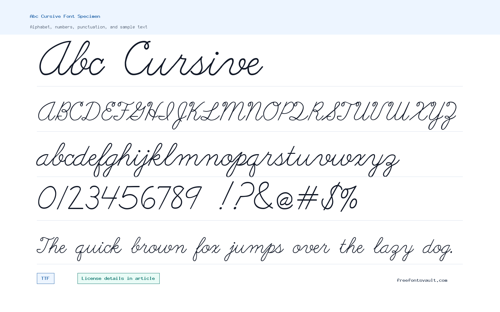 Abc Cursive font specimen showing alphabet, numbers, and sample text