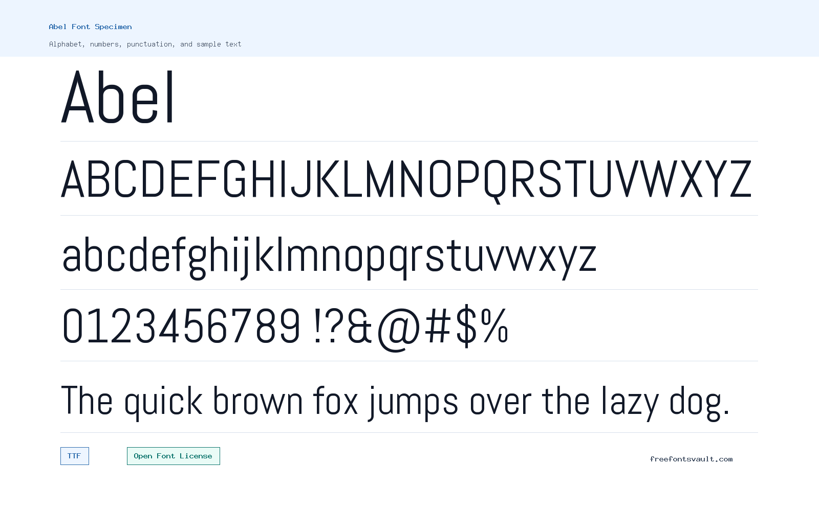 Abel font specimen showing alphabet, numbers, and sample text