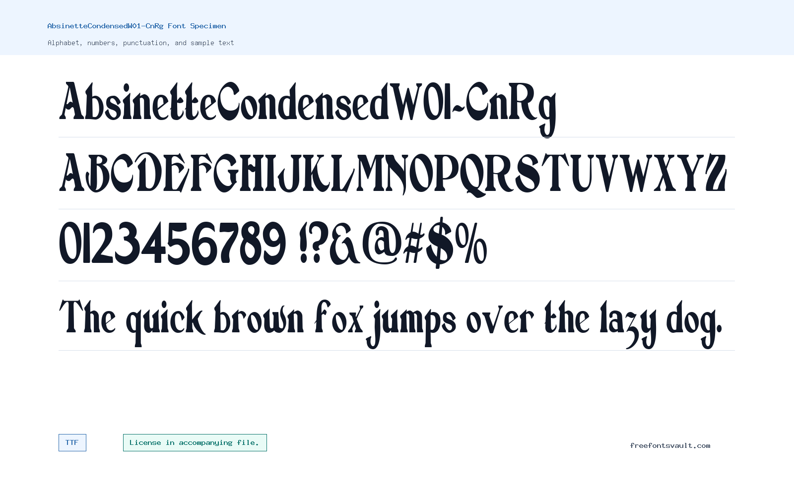 AbsinetteCondensedW01-CnRg font specimen showing alphabet, numbers, and sample text
