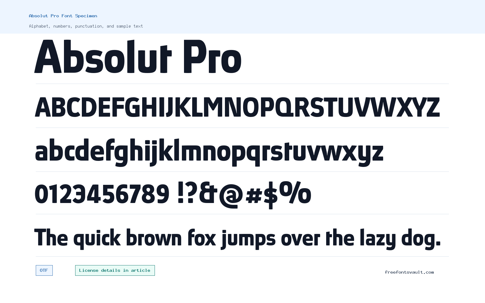 Absolut Pro font specimen showing alphabet, numbers, and sample text
