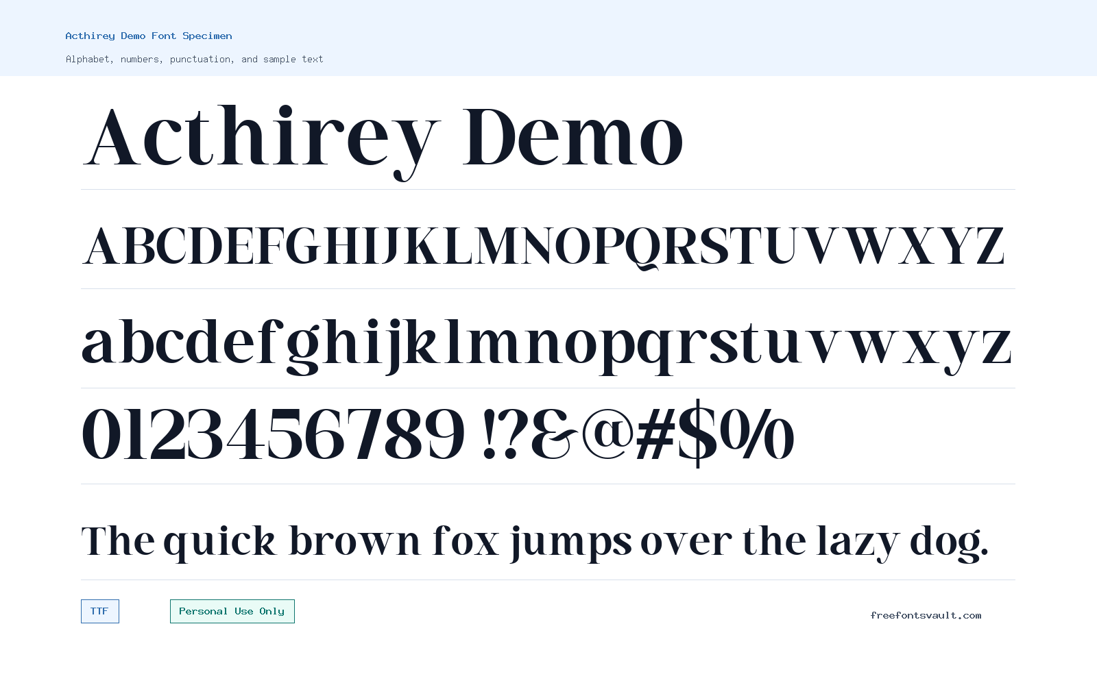 Acthirey Demo font specimen showing alphabet, numbers, and sample text