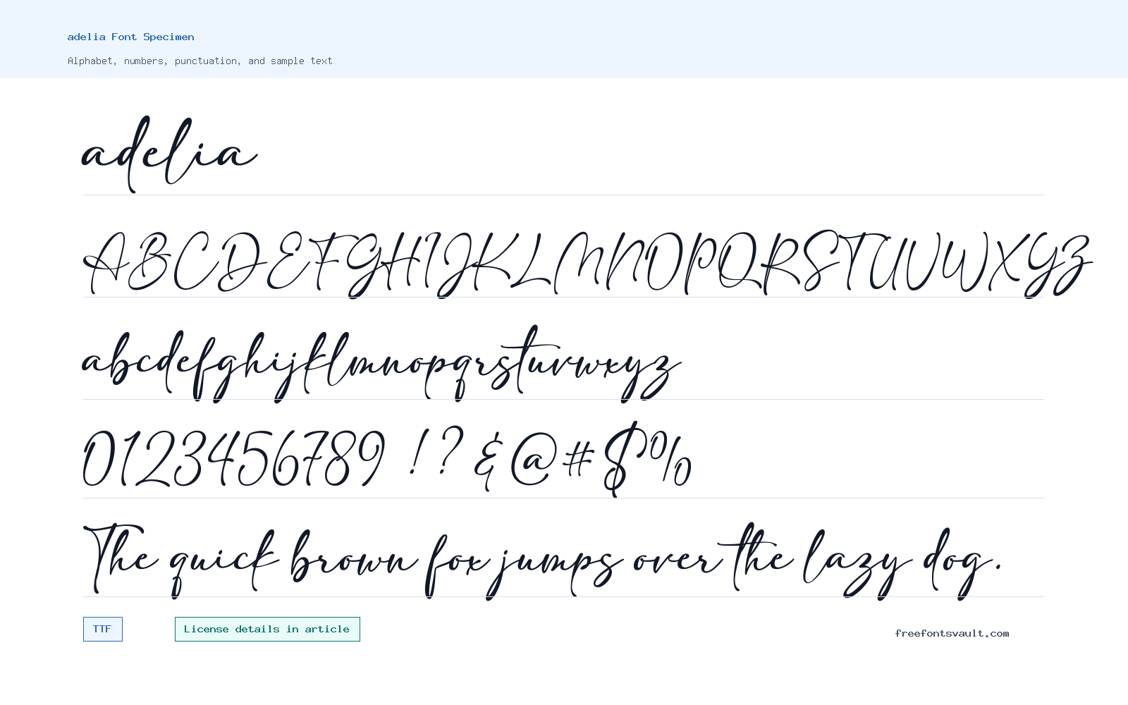 adelia font specimen showing alphabet, numbers, and sample text