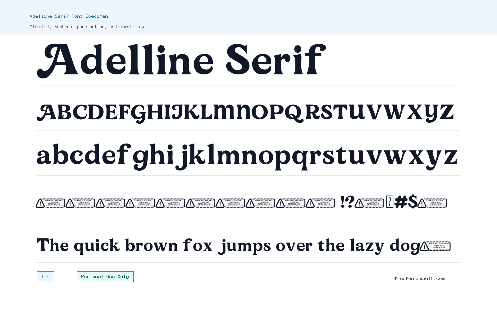 Adelline Serif font specimen showing alphabet, numbers, and sample text