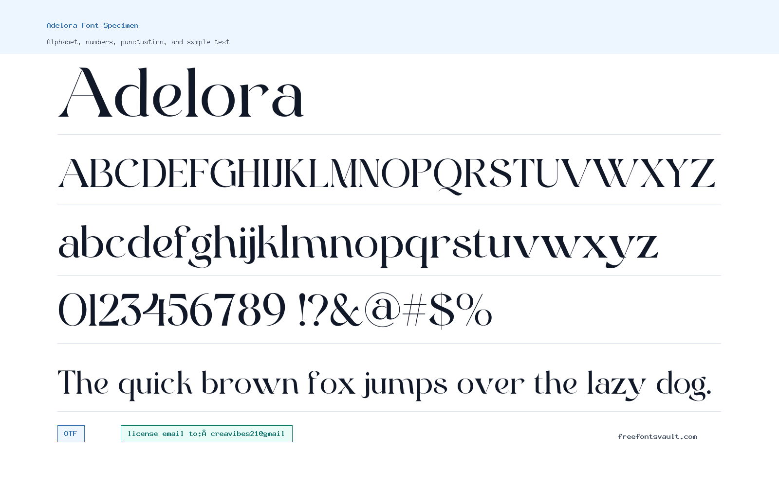 Adelora font specimen showing alphabet, numbers, and sample text