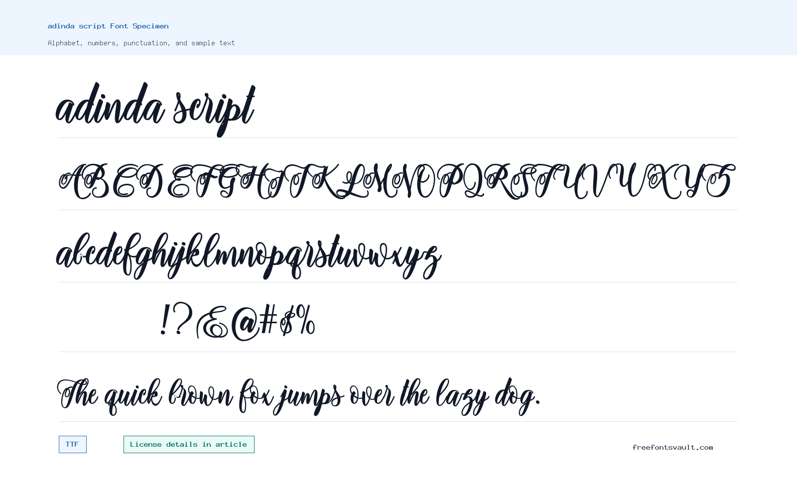 adinda script font specimen showing alphabet, numbers, and sample text