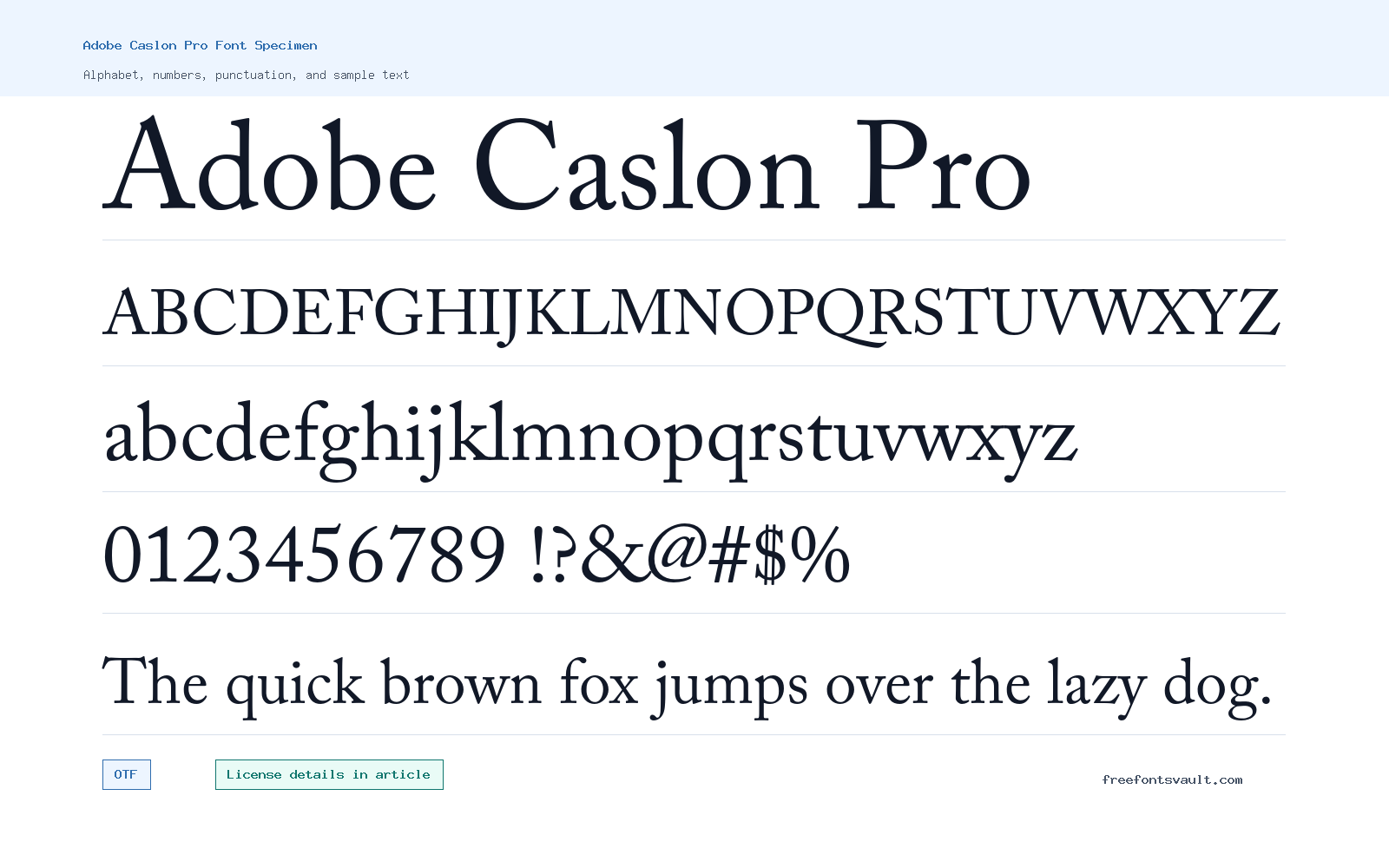 Adobe Caslon Pro font specimen showing alphabet, numbers, and sample text