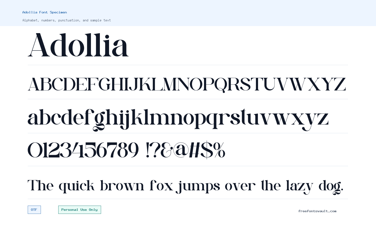 Adollia font specimen showing alphabet, numbers, and sample text