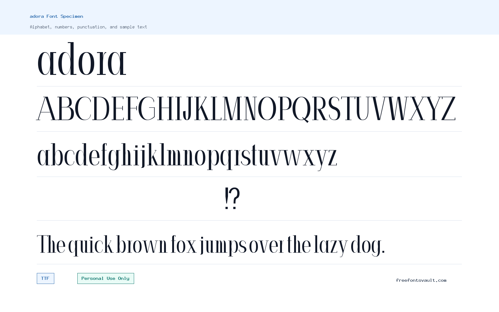 adora font specimen showing alphabet, numbers, and sample text