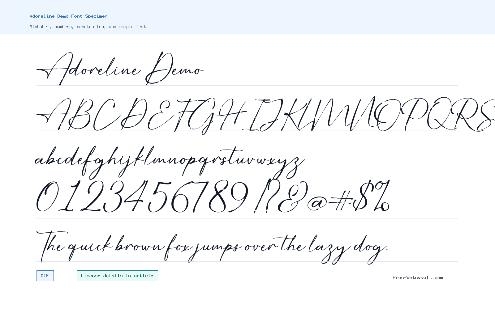 Adoreline Demo font specimen showing alphabet, numbers, and sample text