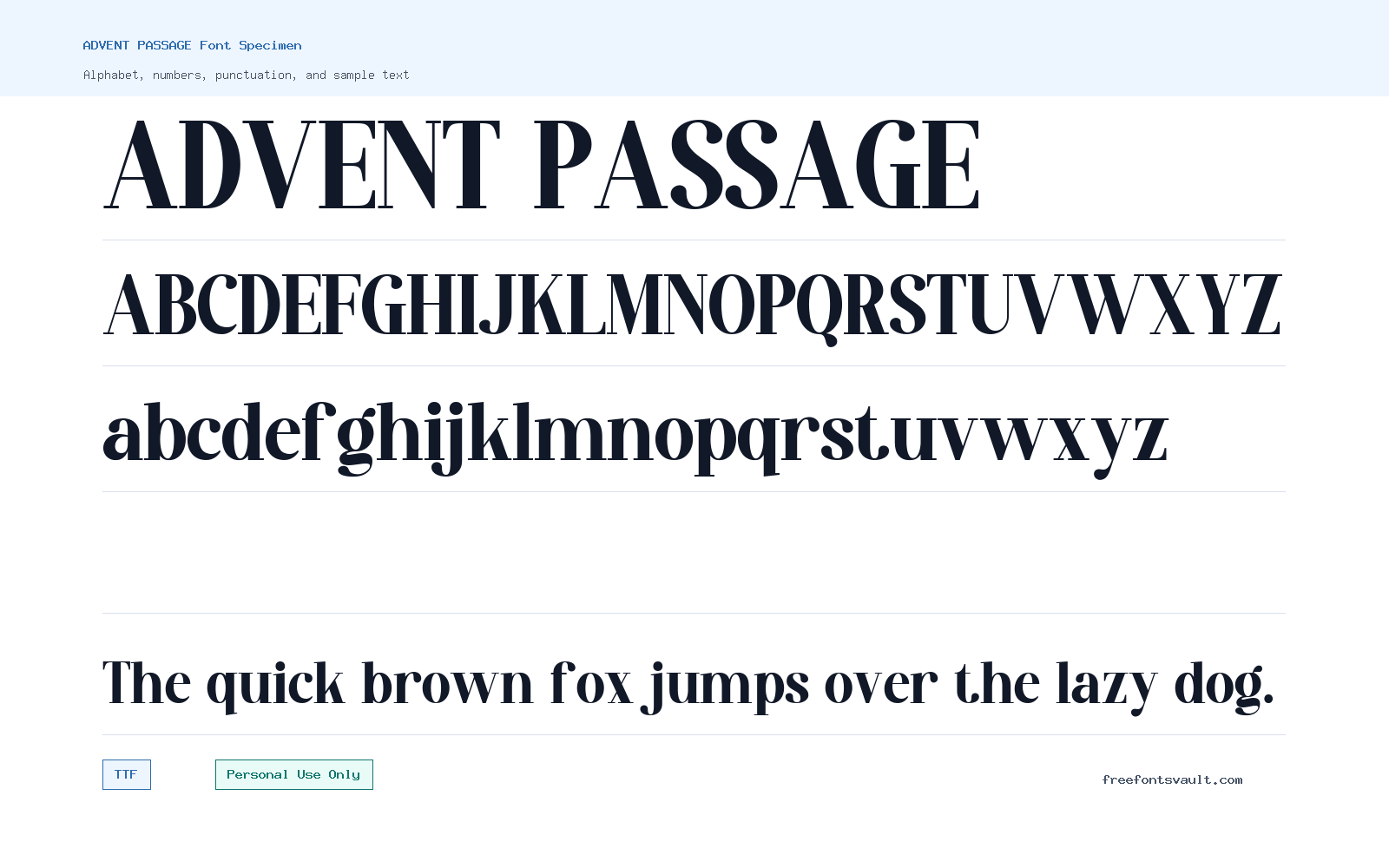 ADVENT PASSAGE font specimen showing alphabet, numbers, and sample text