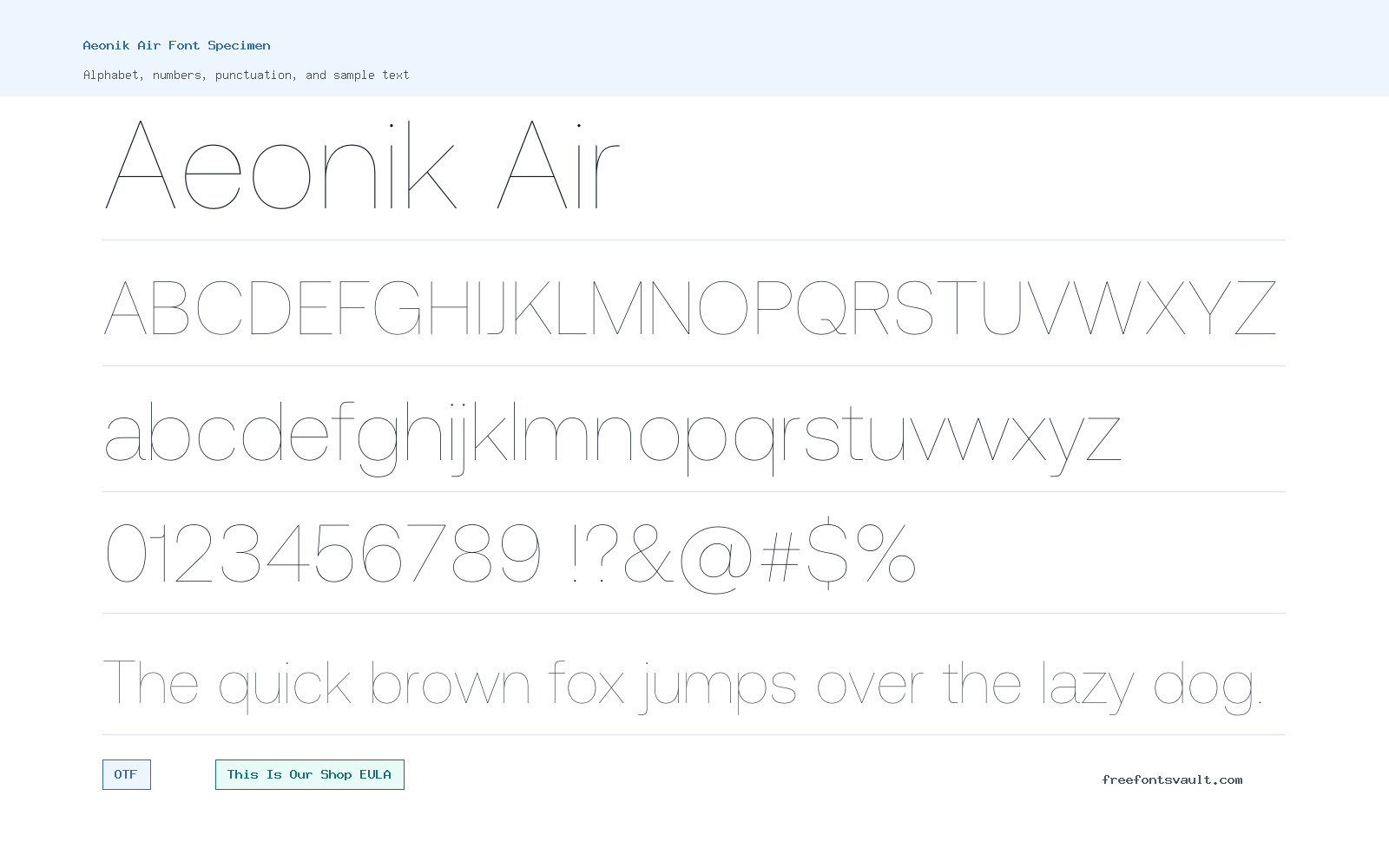 Aeonik Air font specimen showing alphabet, numbers, and sample text