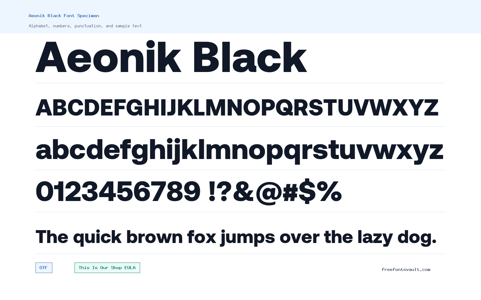 Aeonik Black font specimen showing alphabet, numbers, and sample text