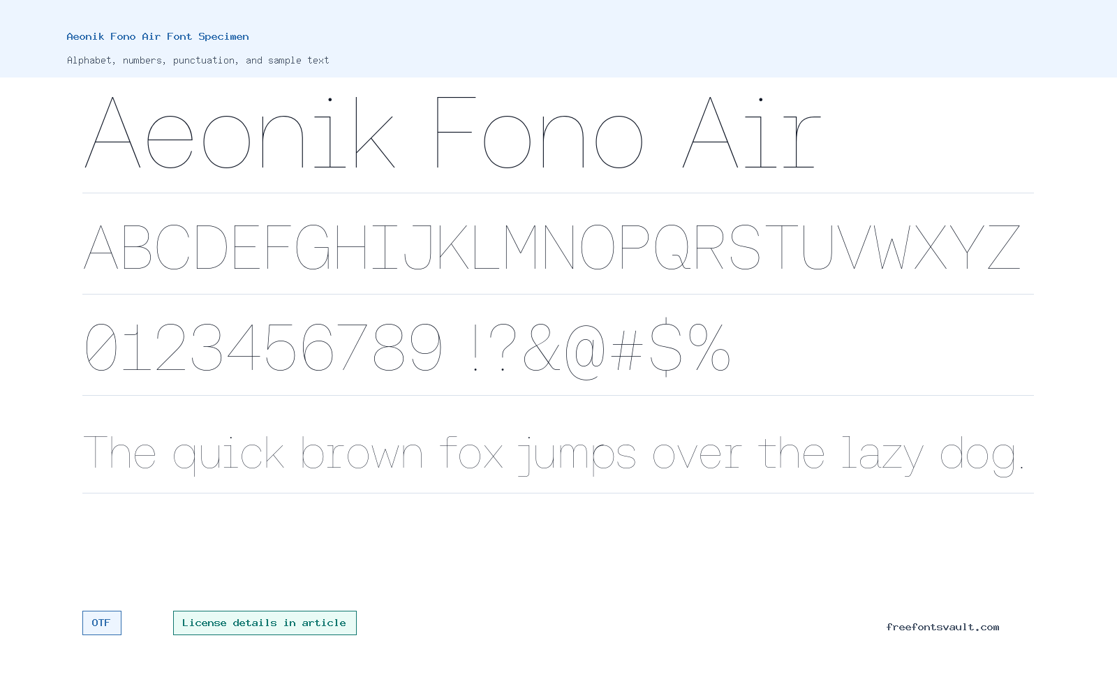 Aeonik Fono Air font specimen showing alphabet, numbers, and sample text