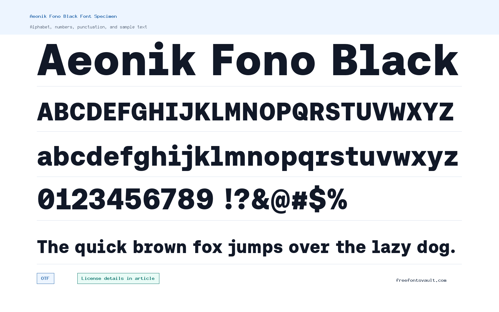 Aeonik Fono Black font specimen showing alphabet, numbers, and sample text