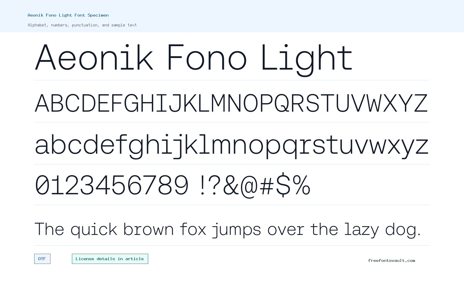 Aeonik Fono Light font specimen showing alphabet, numbers, and sample text