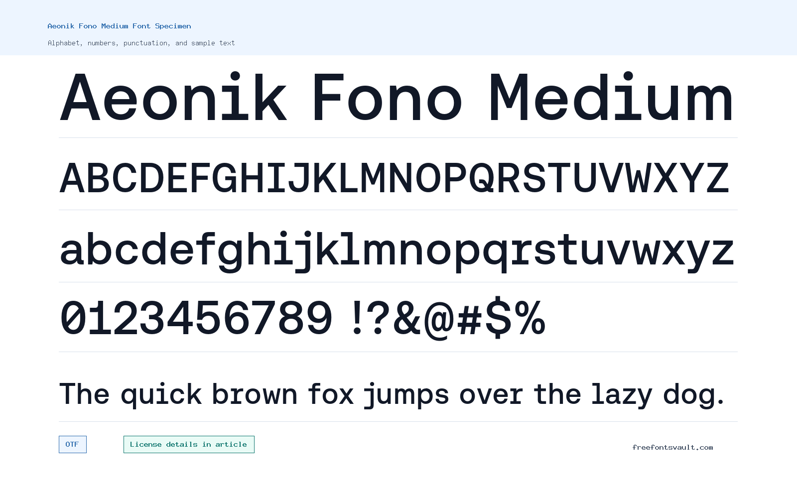Aeonik Fono Medium font specimen showing alphabet, numbers, and sample text