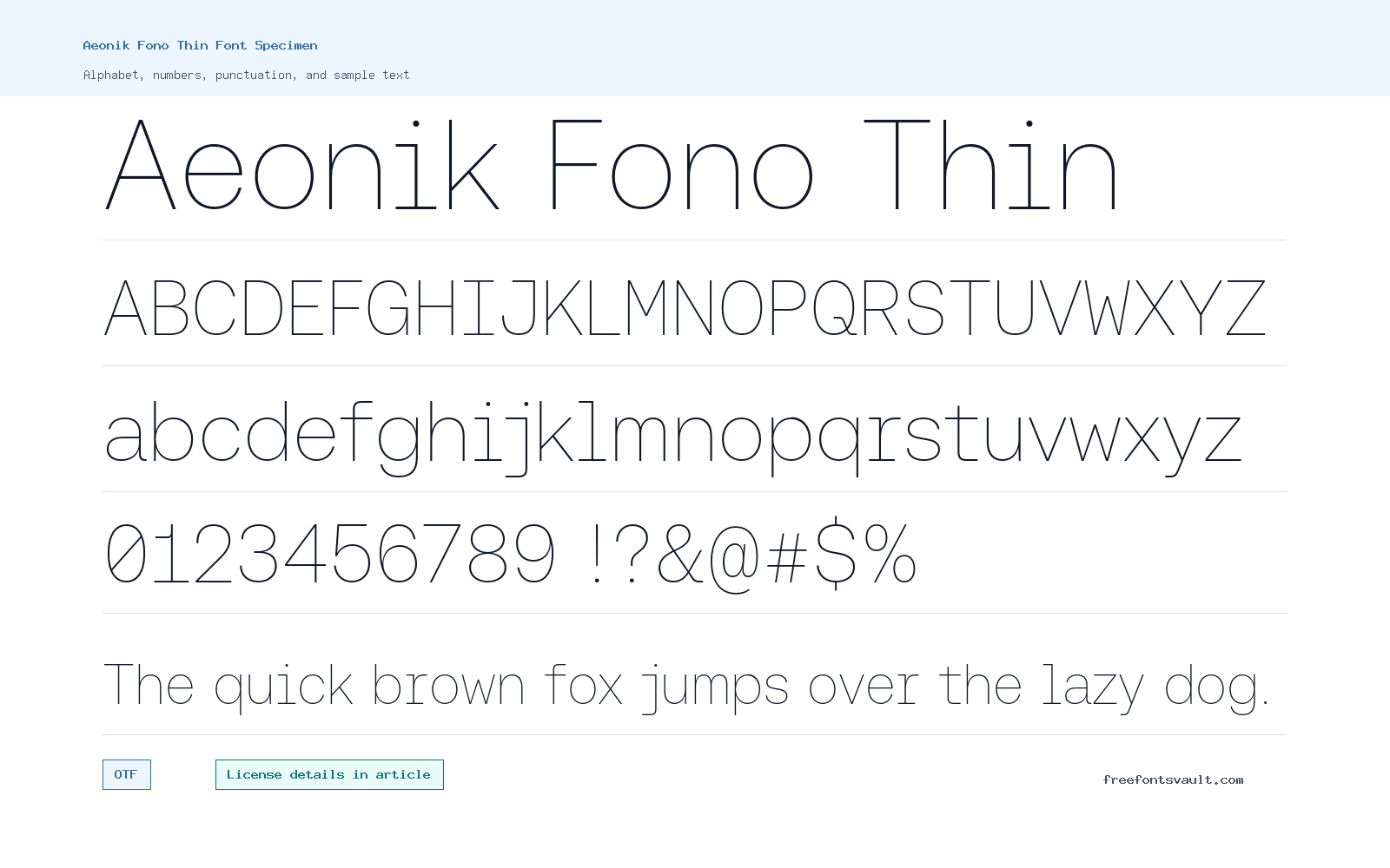 Aeonik Fono Thin font specimen showing alphabet, numbers, and sample text