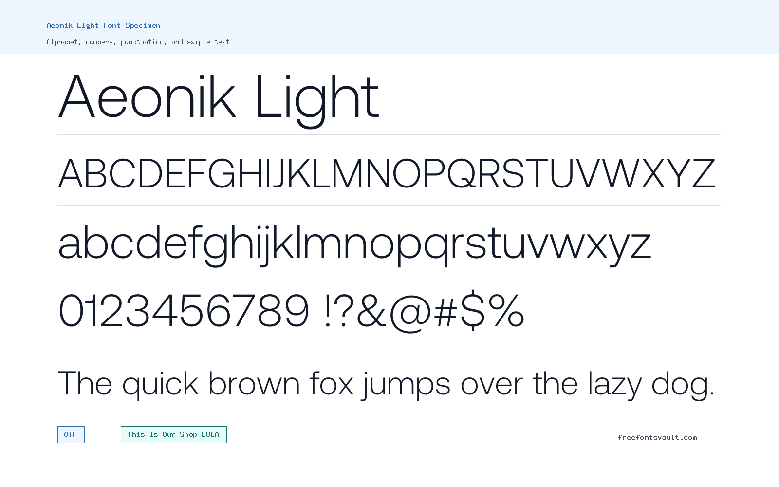Aeonik Light font specimen showing alphabet, numbers, and sample text