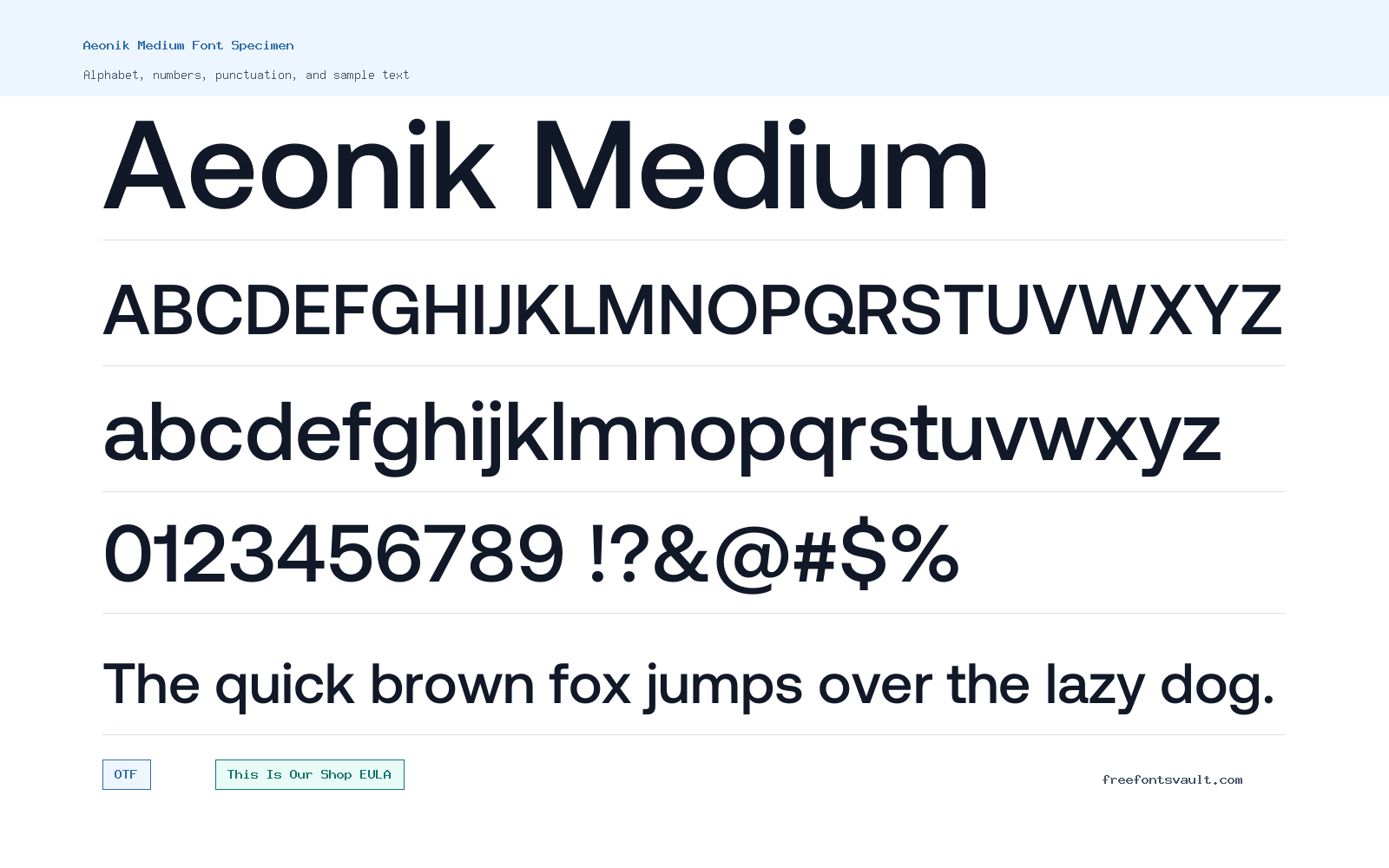 Aeonik Medium font specimen showing alphabet, numbers, and sample text