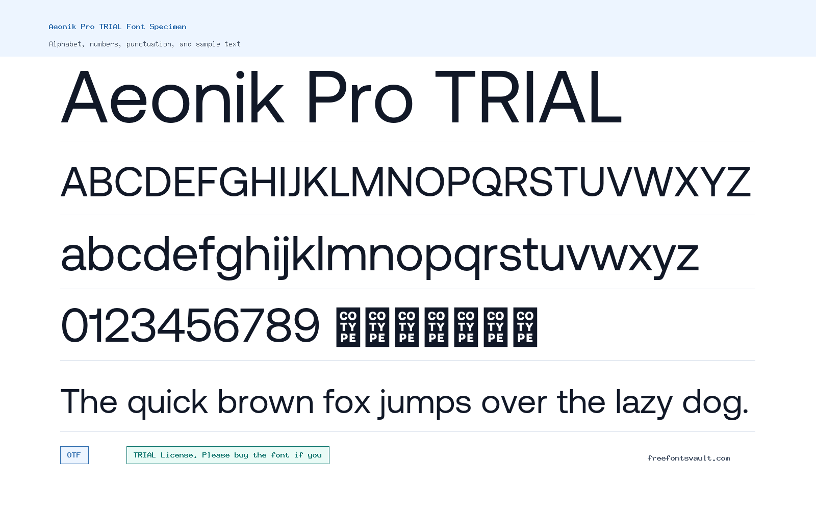 Aeonik Pro TRIAL font specimen showing alphabet, numbers, and sample text