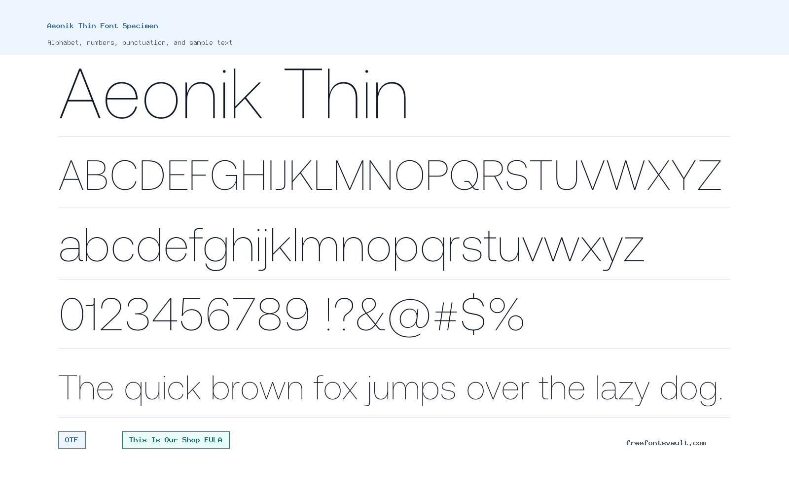 Aeonik Thin font specimen showing alphabet, numbers, and sample text