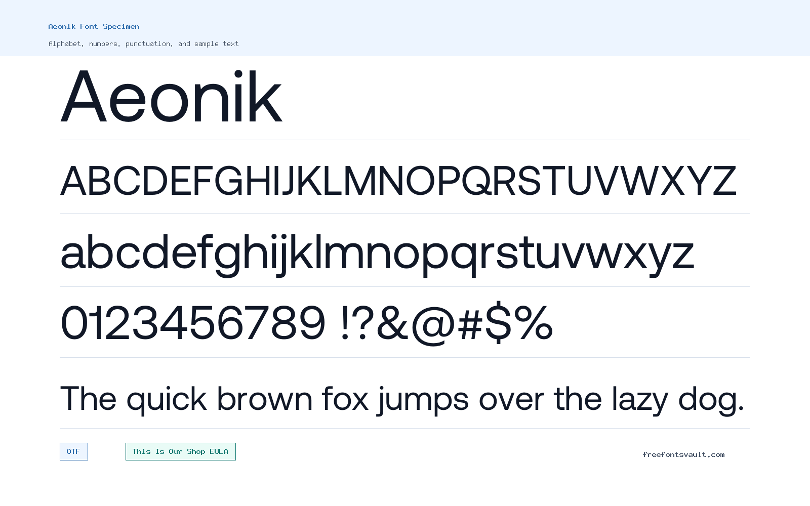 Aeonik font specimen showing alphabet, numbers, and sample text