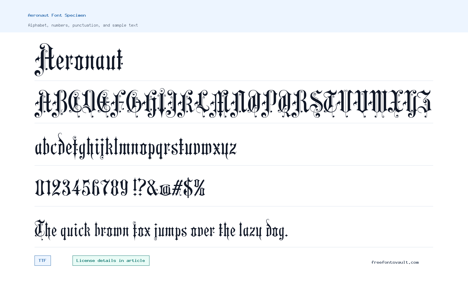 Aeronaut font specimen showing alphabet, numbers, and sample text