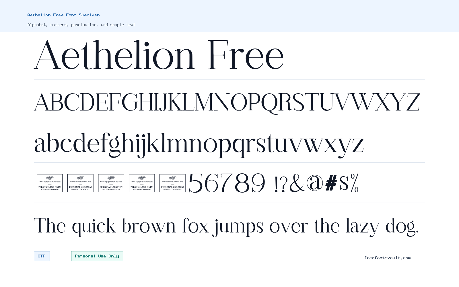 Aethelion Free font specimen showing alphabet, numbers, and sample text