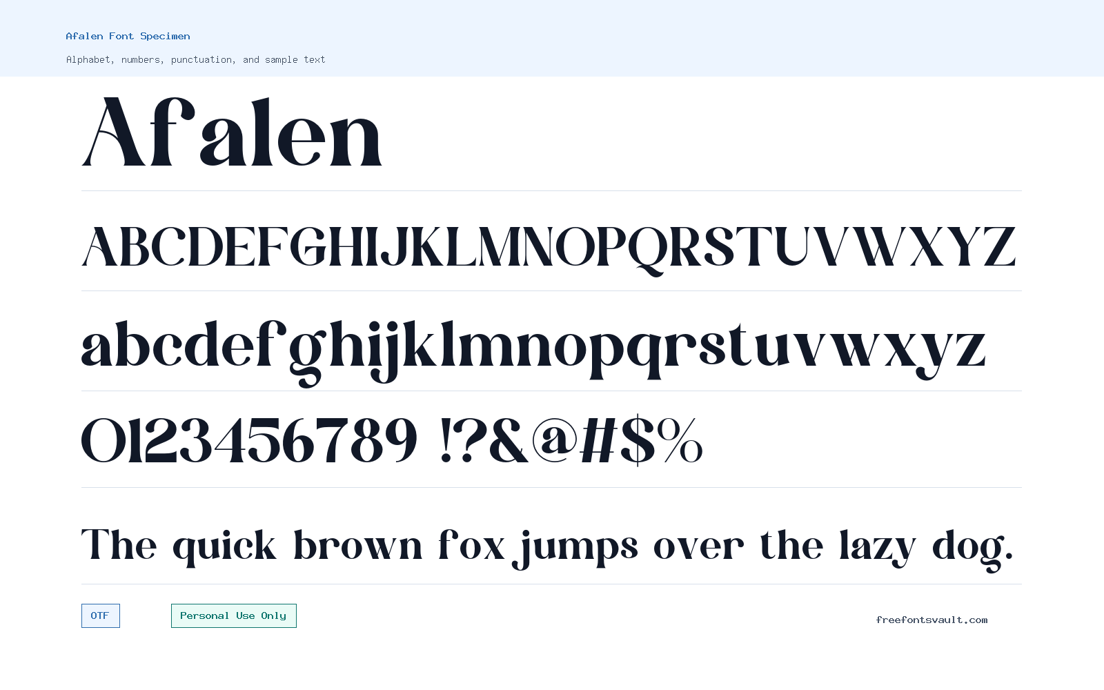 Afalen font specimen showing alphabet, numbers, and sample text