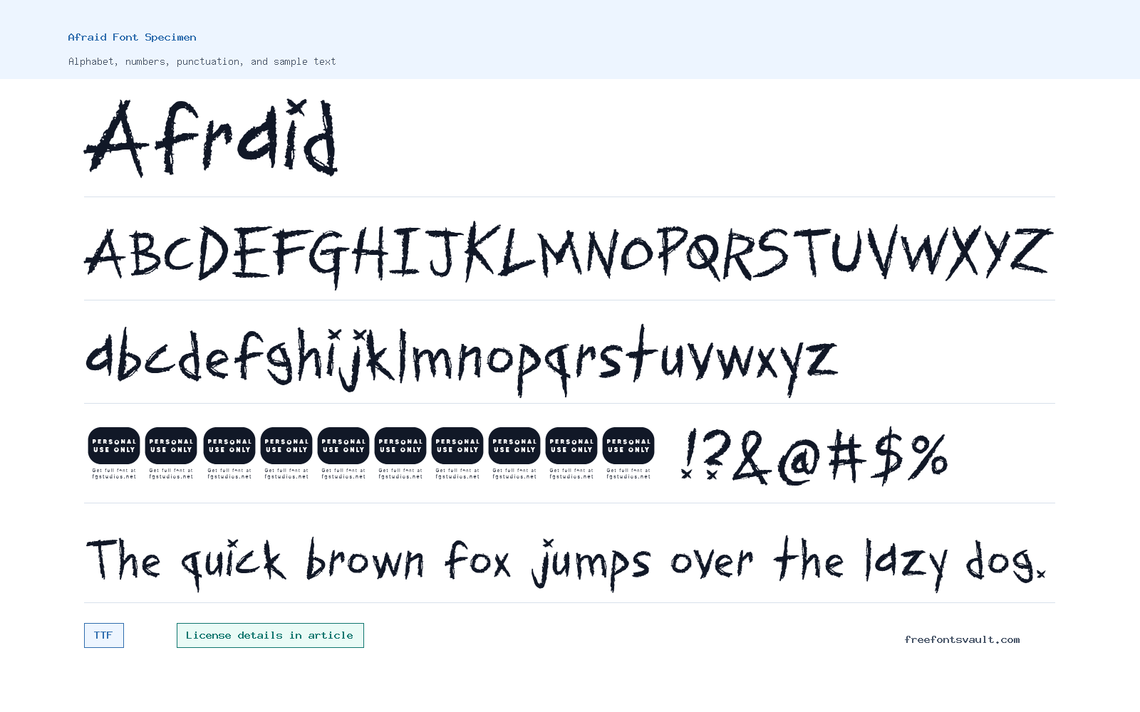 Afraid font specimen showing alphabet, numbers, and sample text