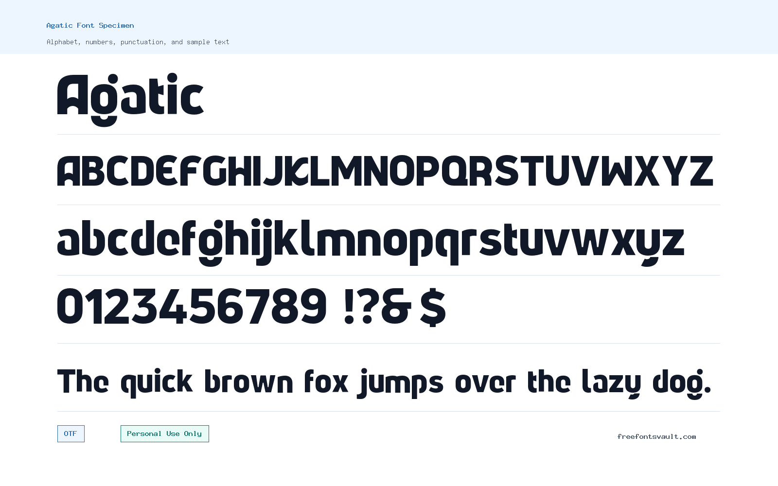 Agatic font specimen showing alphabet, numbers, and sample text