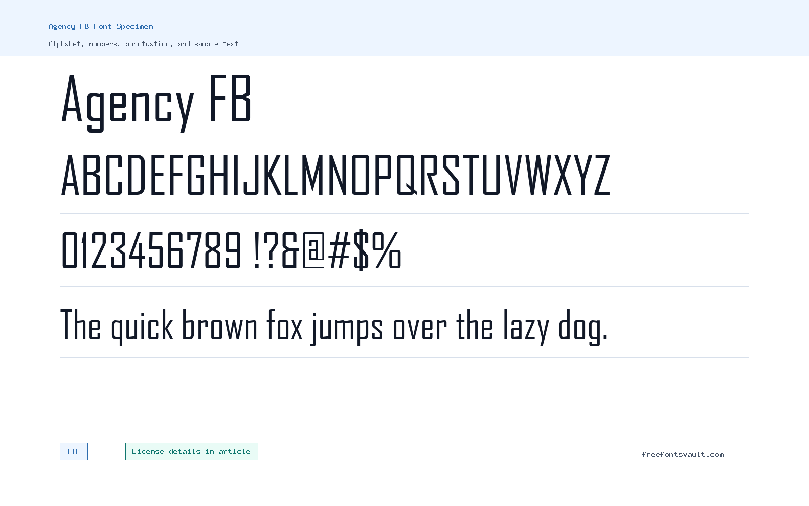 Agency FB font specimen showing alphabet, numbers, and sample text