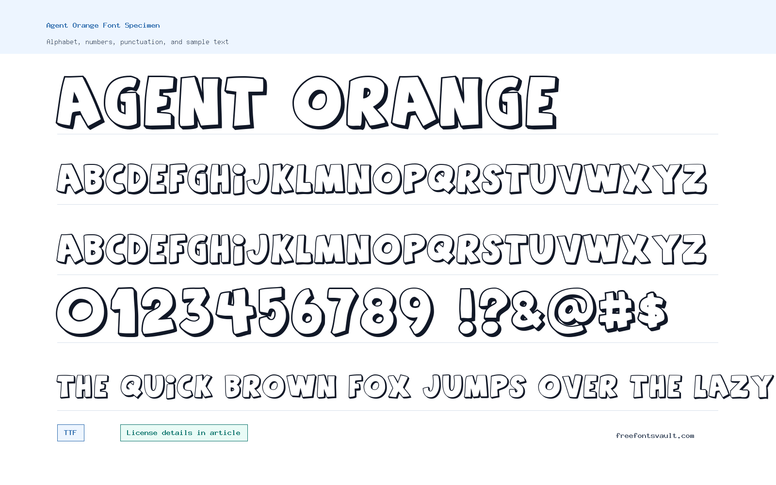 Agent Orange font specimen showing alphabet, numbers, and sample text