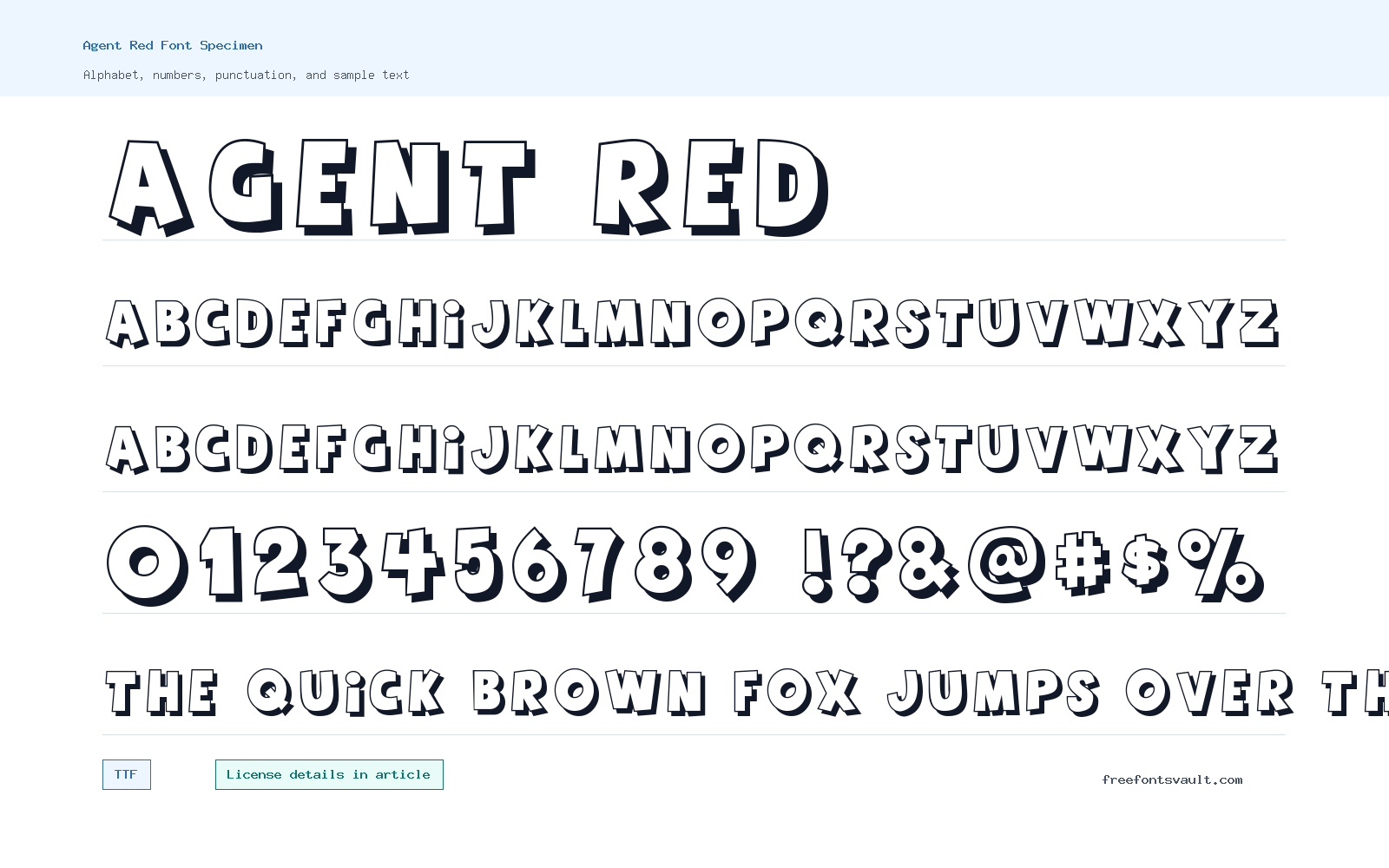 Agent Red font specimen showing alphabet, numbers, and sample text