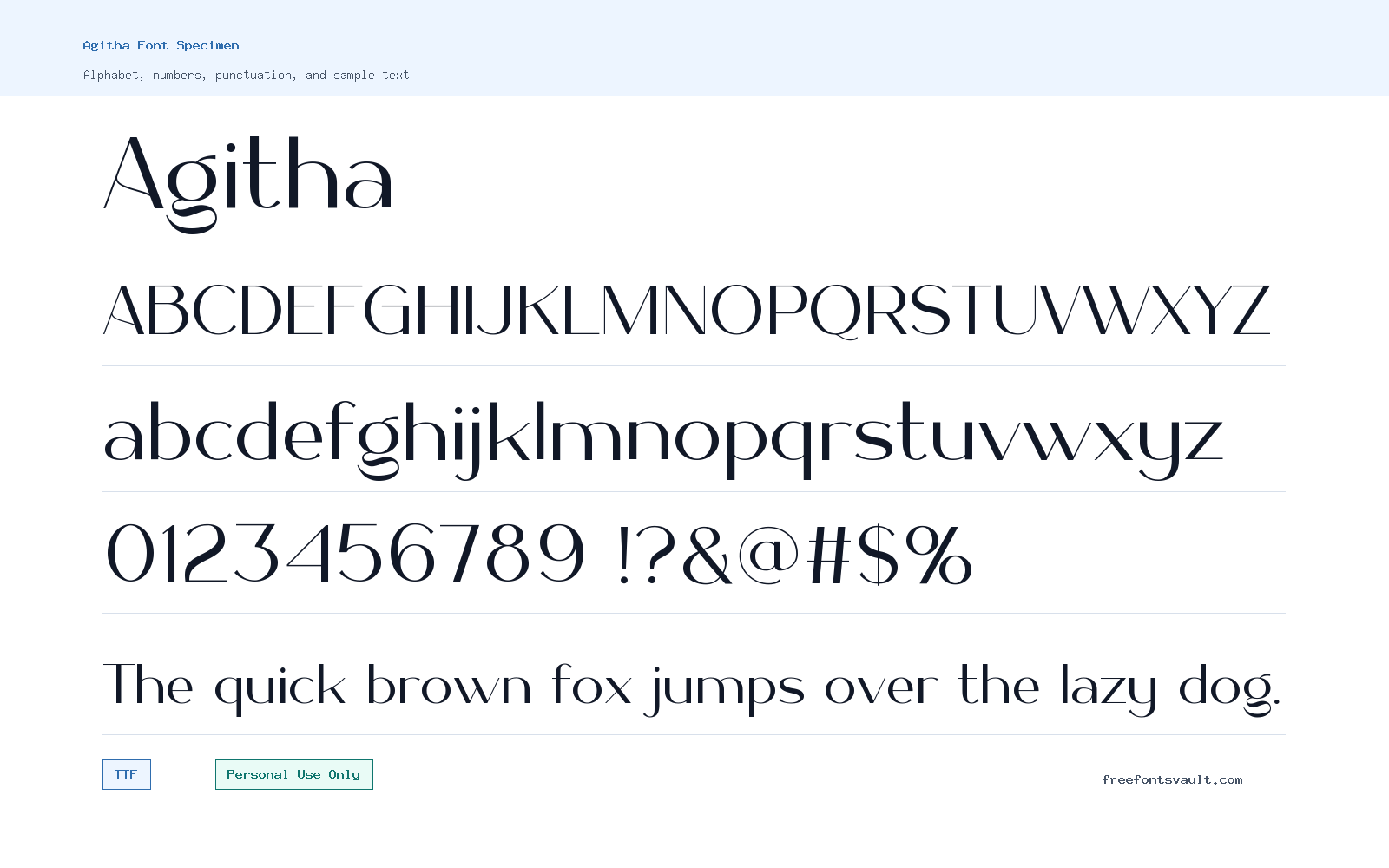 Agitha font specimen showing alphabet, numbers, and sample text