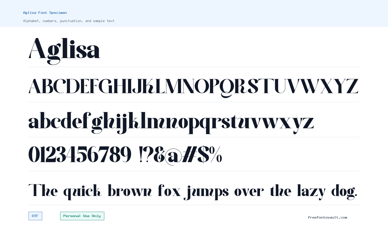 Aglisa font specimen showing alphabet, numbers, and sample text