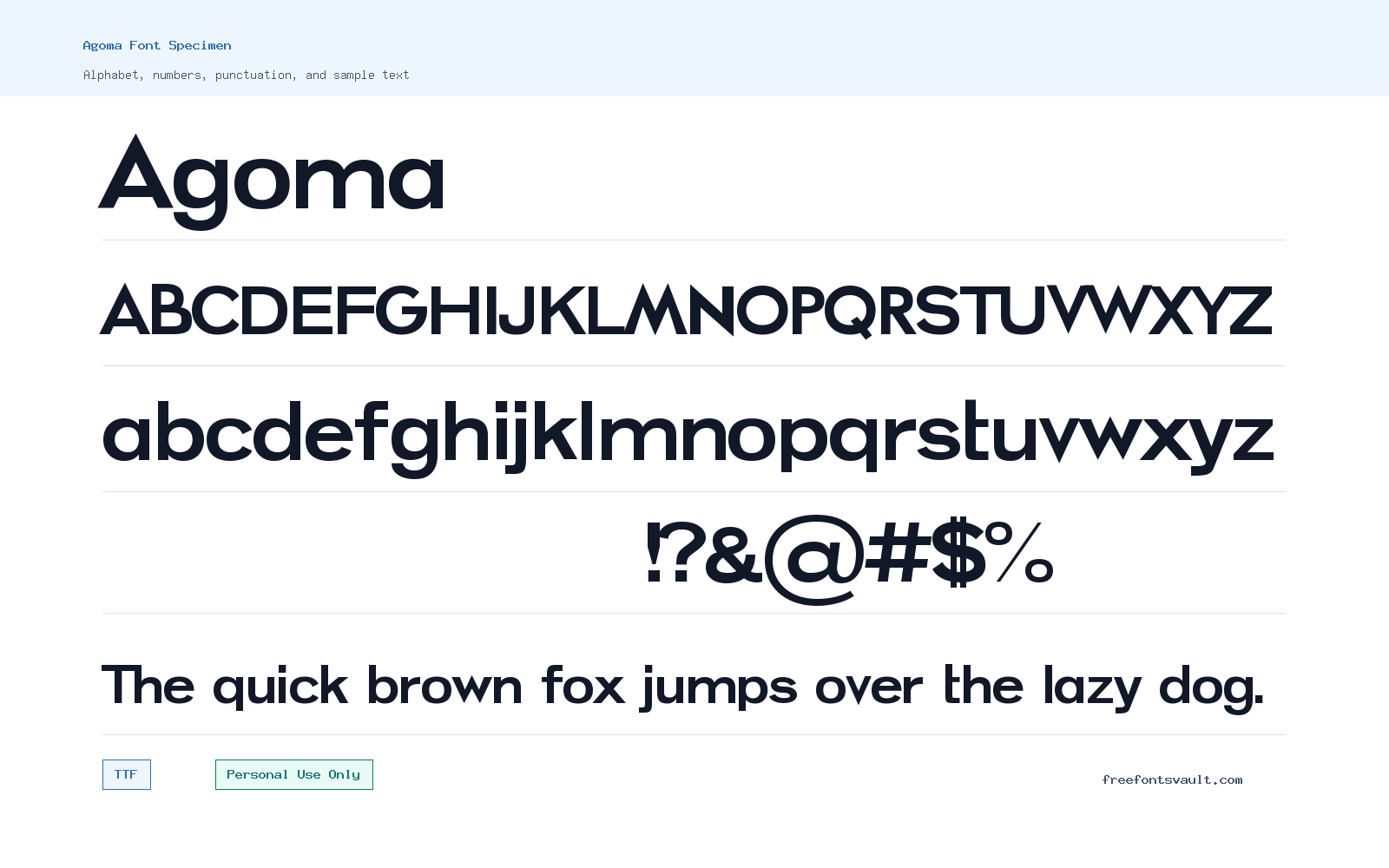 Agoma font specimen showing alphabet, numbers, and sample text